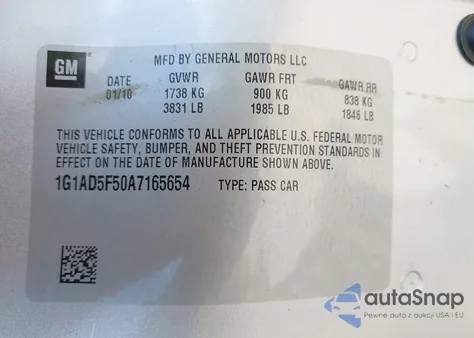 2010 Chevrolet Cobalt Lt z USA, uszkodzony, nr VIN 1G1AD5F50A7165654